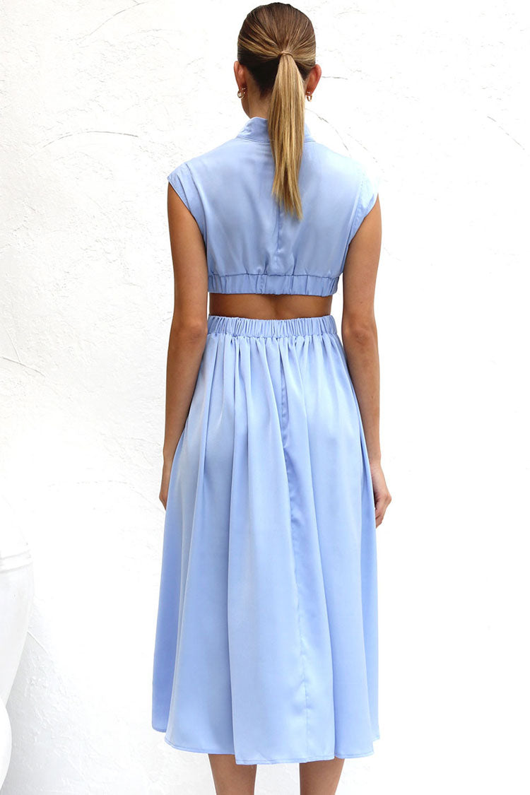 Flowy High Neck Ruched Trim Cutout Waist Summer Midi Sundress - Light Blue  Fashionpara