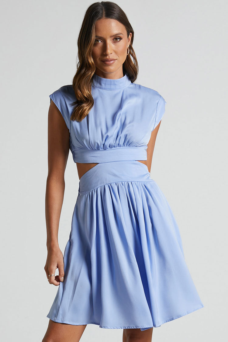 Flowy High Neck Ruched Trim Cutout Waist Summer Mini Sundress - Light Blue  Fashionpara