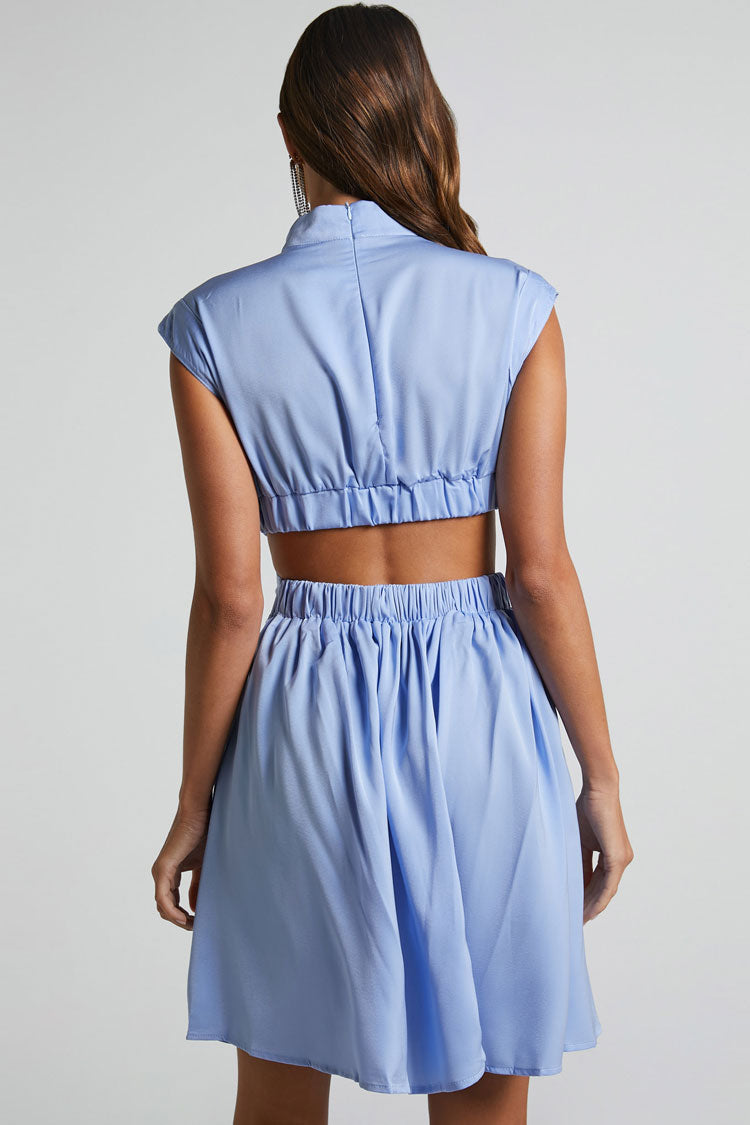 Flowy High Neck Ruched Trim Cutout Waist Summer Mini Sundress - Light Blue  Fashionpara