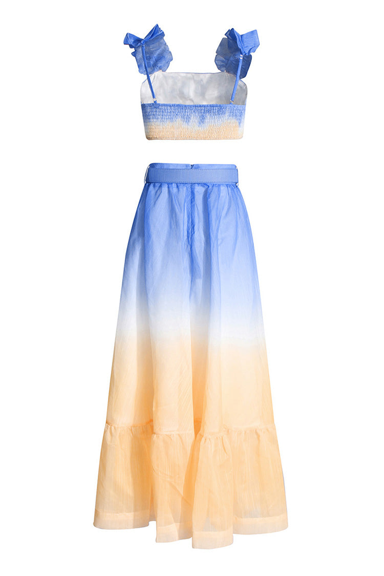Flowy Ombré Ruffle Smock Crop Top Belted High Rise Two Piece Maxi Dress - Fashionpara