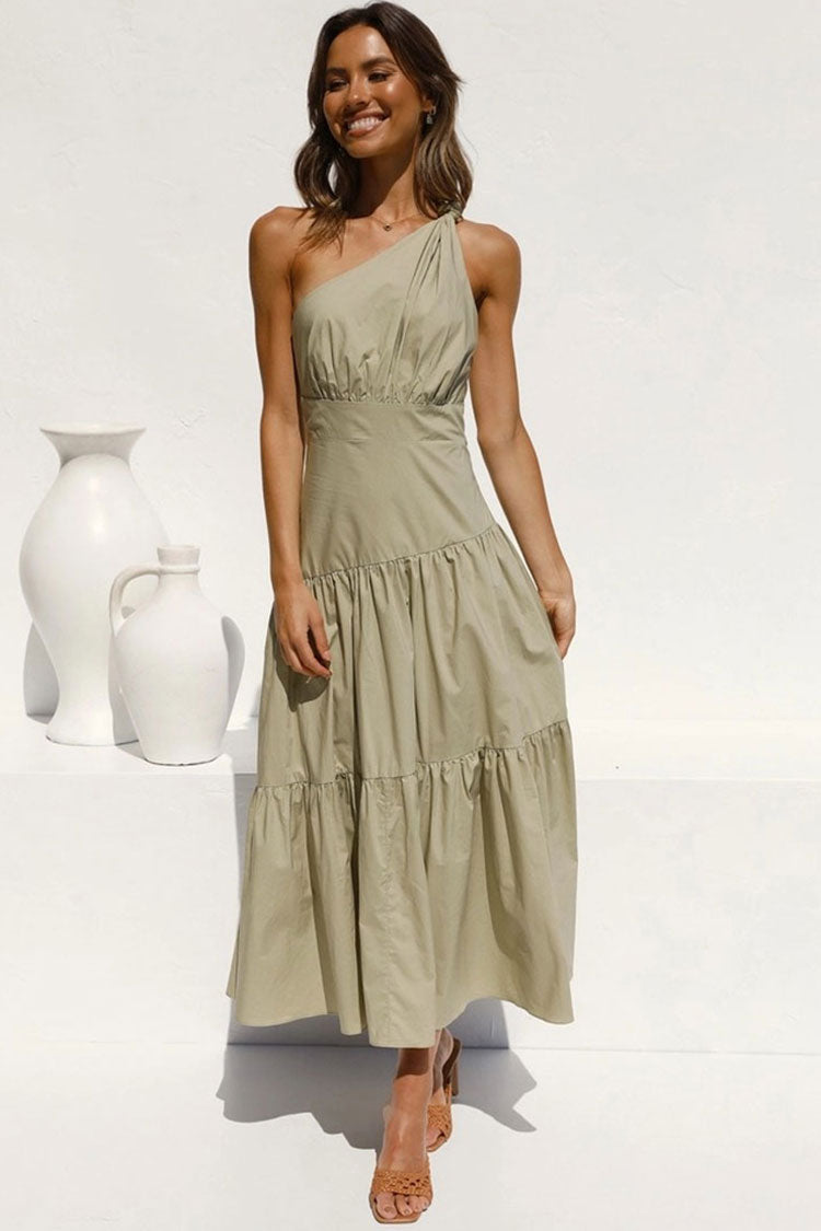 Flowy One Shoulder Tiered Beach Vacation Midi Dress - Green - Fashionpara