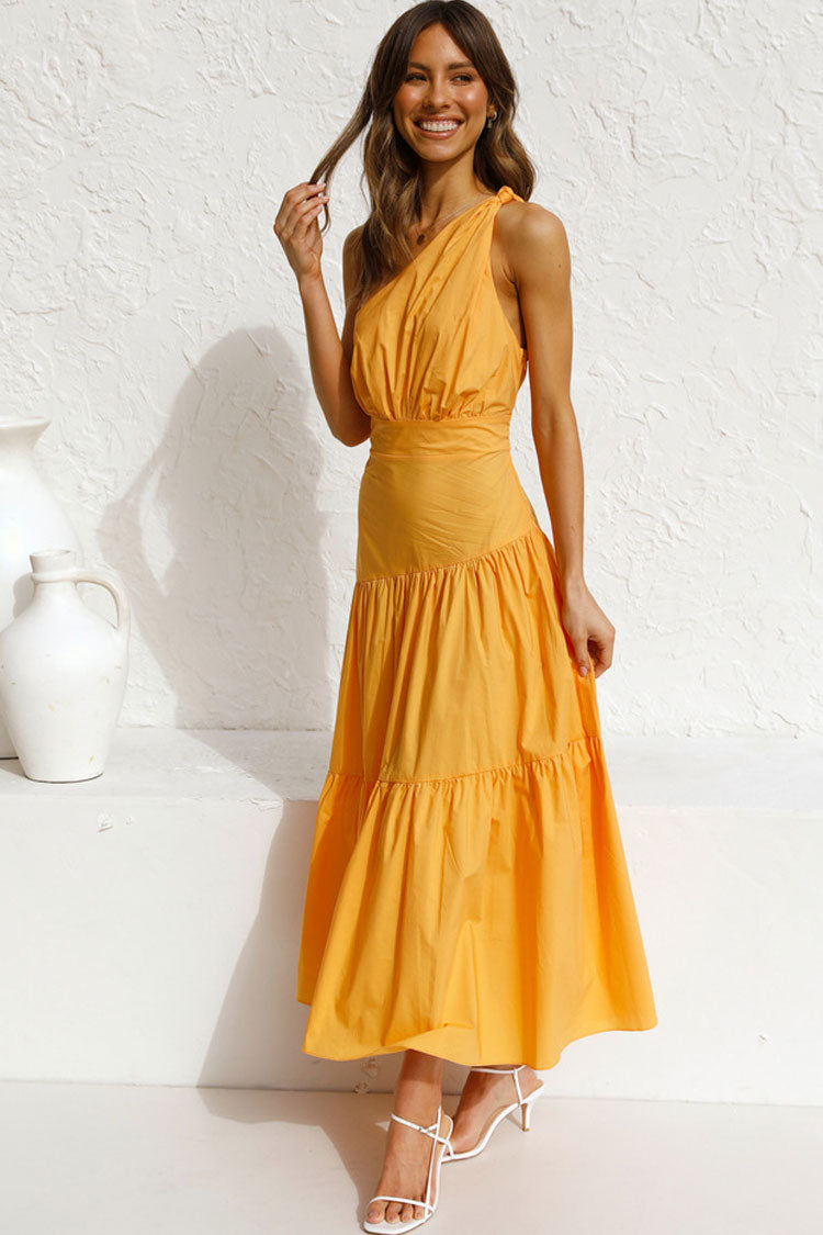 Flowy One Shoulder Tiered Beach Vacation Midi Dress - Yellow - Fashionpara