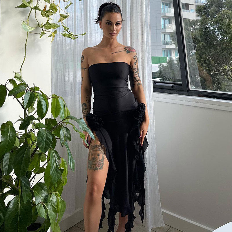 Ruffle Trim Strapless High-Slit Flowy Midi Dress 2