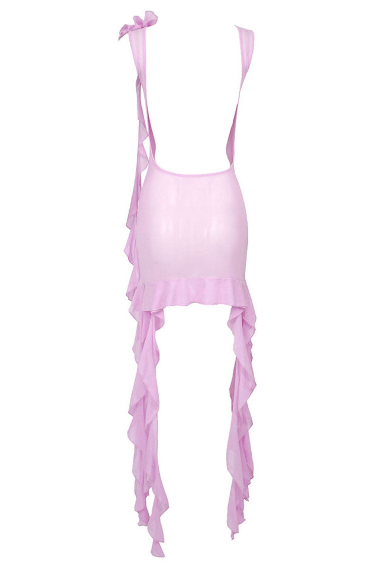 Flowy Ruffle Strap Rosette Corsage Backless Sheer Mesh Mini Dress - Pink - Fashionpara