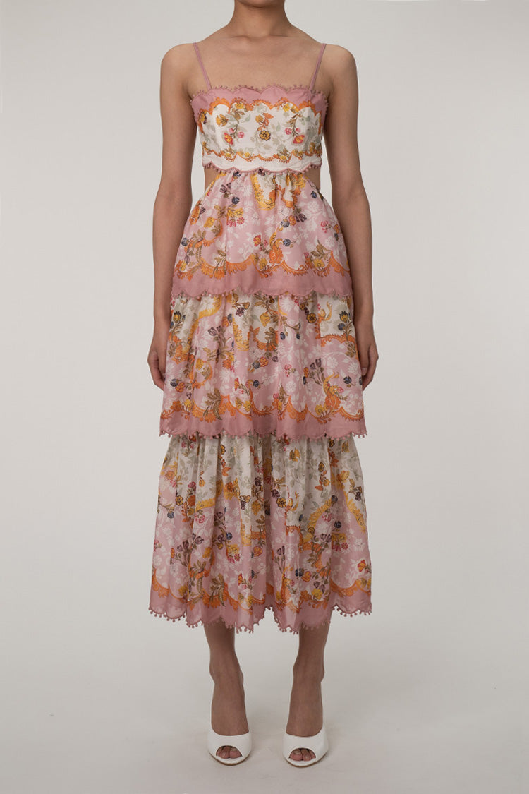 Flowy Scallop Empire Waist Laced Back Cutout Tiered Ruffle Floral Maxi Sundress - Fashionpara