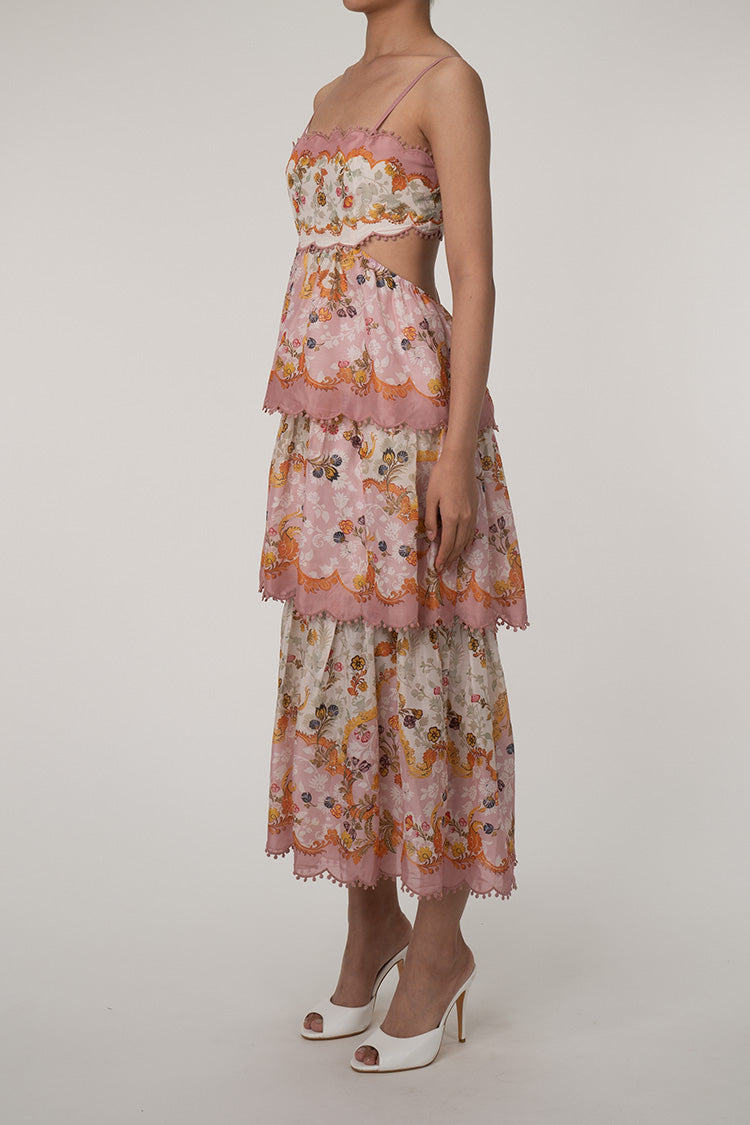 Flowy Scallop Empire Waist Laced Back Cutout Tiered Ruffle Floral Maxi Sundress - Fashionpara