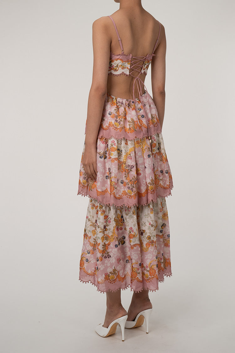 Flowy Scallop Empire Waist Laced Back Cutout Tiered Ruffle Floral Maxi Sundress - Fashionpara