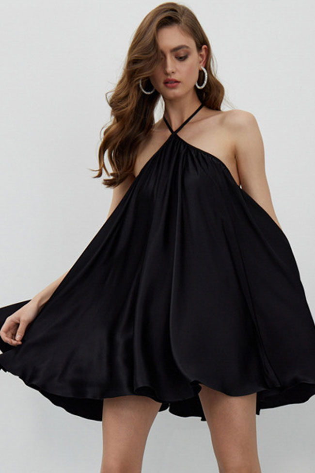 Satin Halter Neck Criss Cross Back Swing Mini Dress