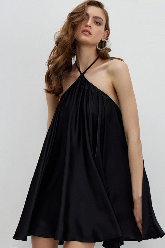 Satin Halter Neck Criss Cross Back Swing Mini Dress 3