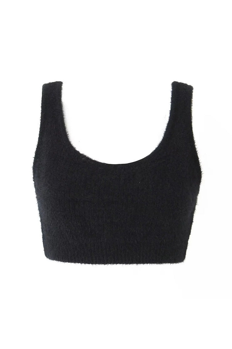 Fluffy Soft Solid Scoop Neck Open Back Ribbed Hem Sleeveless Crop Bra Top - Fashionpara