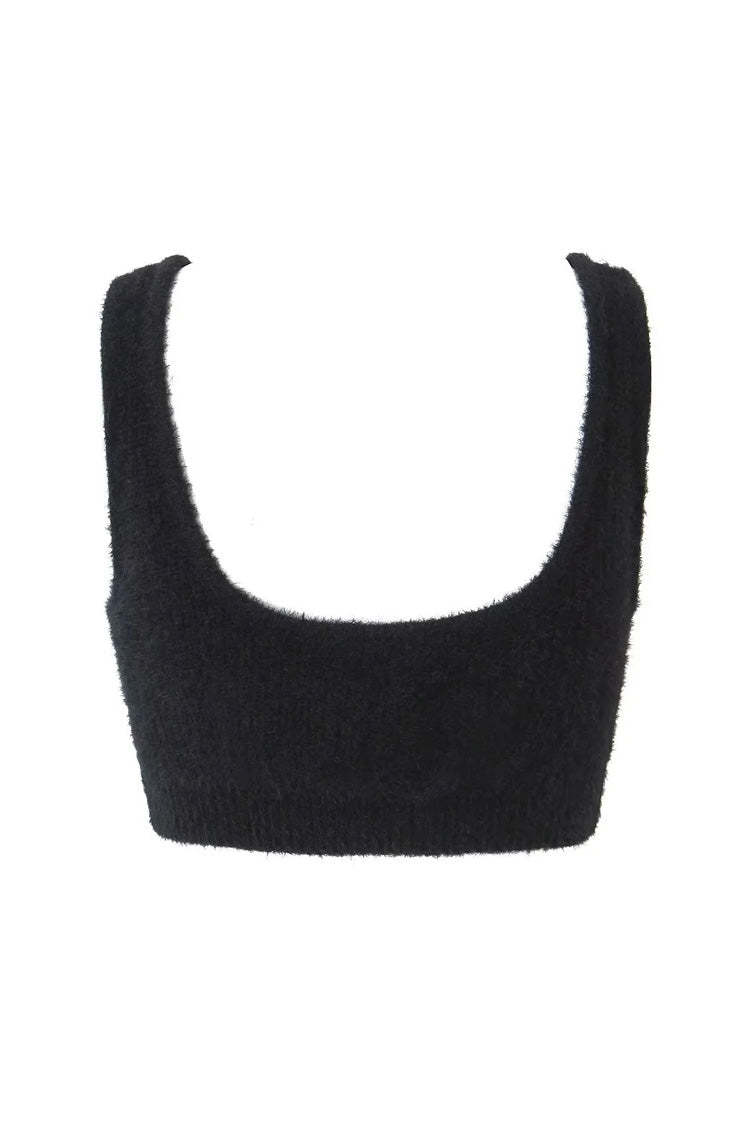 Fluffy Soft Solid Scoop Neck Open Back Ribbed Hem Sleeveless Crop Bra Top - Fashionpara