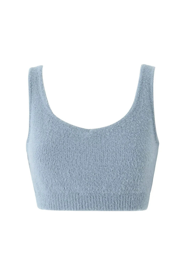 Fluffy Soft Solid Scoop Neck Open Back Ribbed Hem Sleeveless Crop Bra Top - Fashionpara