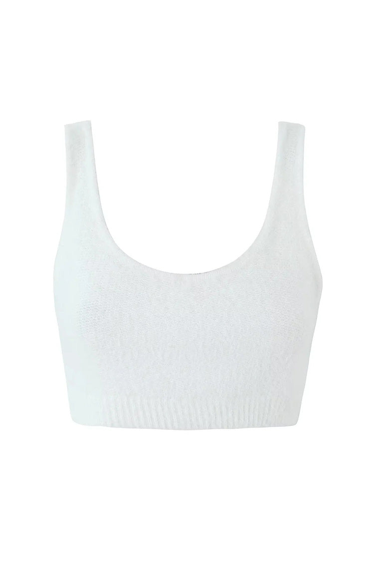 Fluffy Soft Solid Scoop Neck Open Back Ribbed Hem Sleeveless Crop Bra Top - Fashionpara