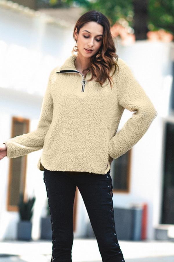 Fluffy Turn-down Collar Zipper Sweatshirt