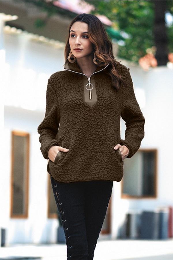 Fluffy Turn-down Collar Zipper Sweatshirt