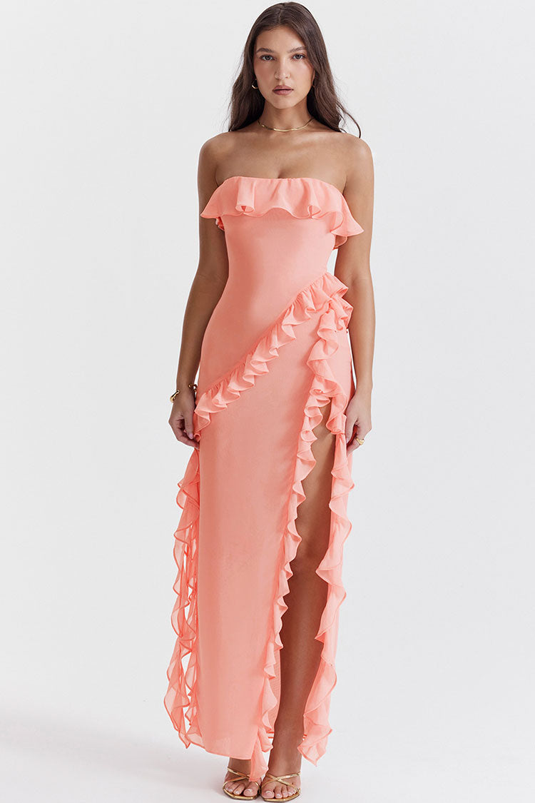 Fluttering Frill Trim Strapless High Split Draped Ruffle Maxi Dress - Pink  Fashionpara