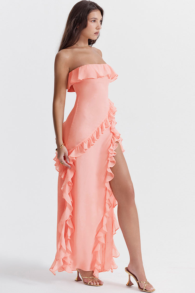 Fluttering Frill Trim Strapless High Split Draped Ruffle Maxi Dress - Pink  Fashionpara