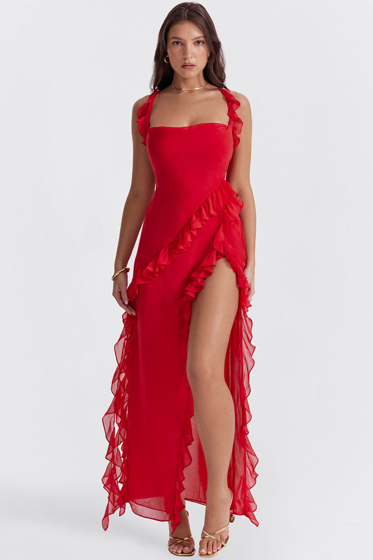 Fluttering Sweetheart Sleeveless High Split Draped Ruffle Maxi Dress - Red  Fashionpara