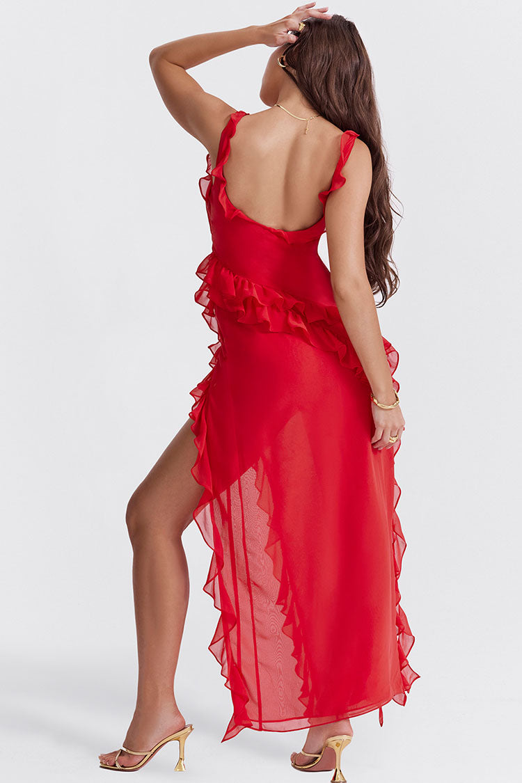 Fluttering Sweetheart Sleeveless High Split Draped Ruffle Maxi Dress - Red  Fashionpara