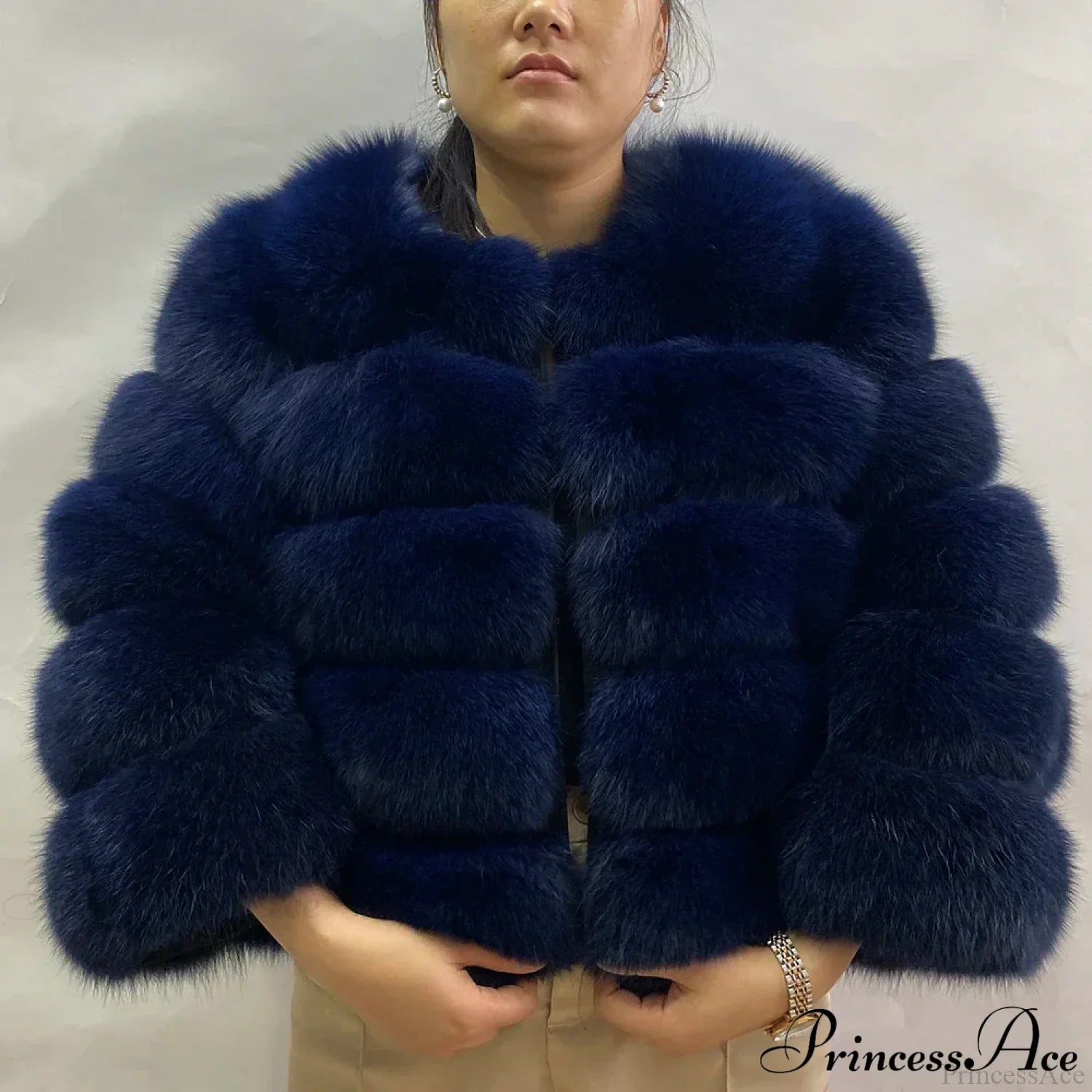 Fox Fur Winter Cold Weather Coat NAVY BLUE / S