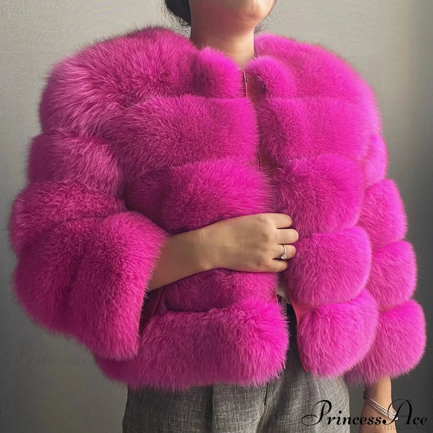 Fox Fur Winter Cold Weather Coat Rose red / S