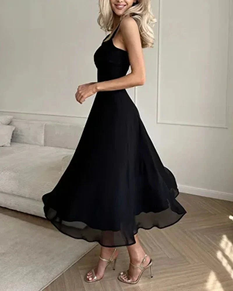 Square Neck Sleeveless Corset Seam A-Line Chiffon Midi Dress - View 6