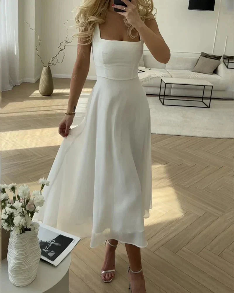 Square Neck Sleeveless Corset Seam A-Line Chiffon Midi Dress