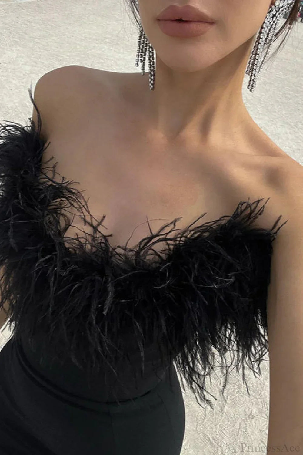 Feather Trim Strapless Column Gown