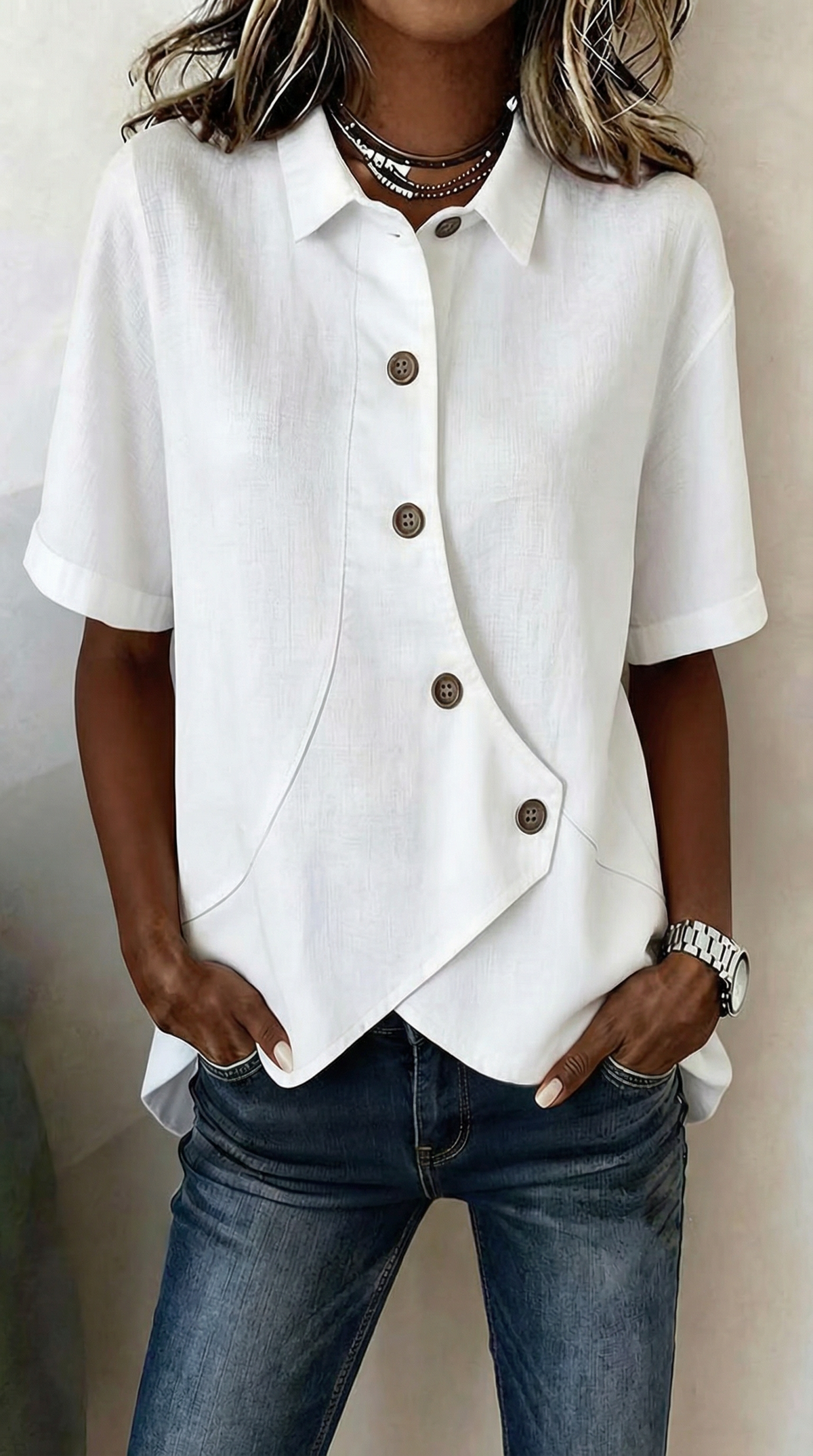 Asymmetric Button Front Collared Short Sleeve Linen Blouse