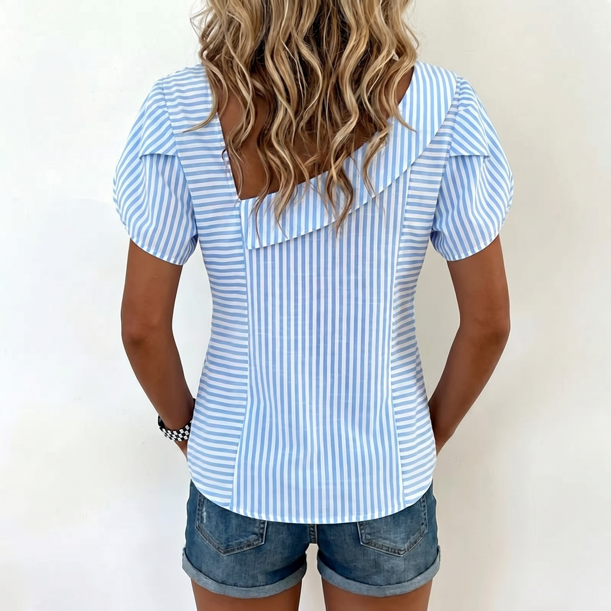 Striped Asymmetric Neck Short Sleeve Button Blouse 2