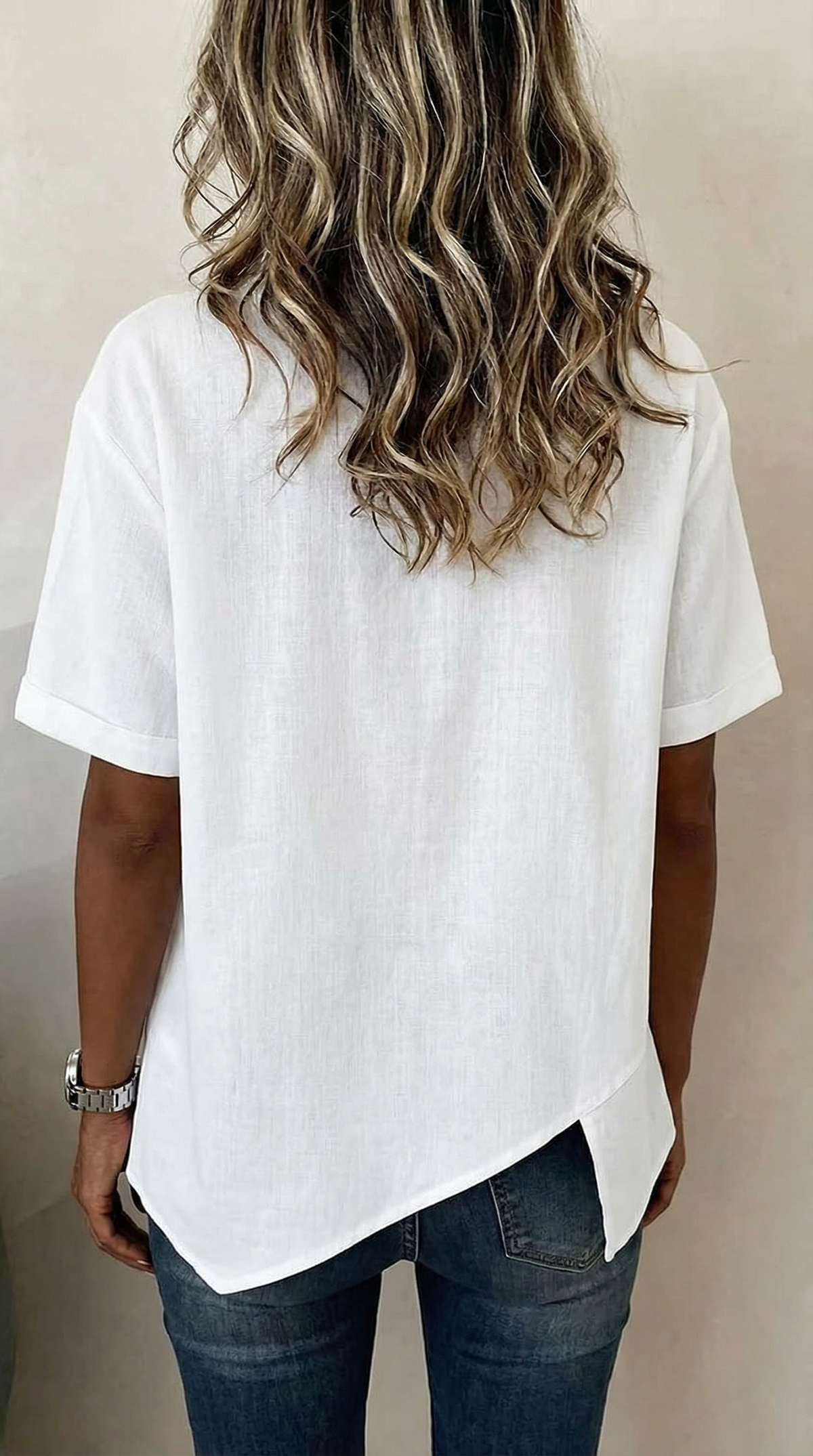 Asymmetric Button Front Collared Short Sleeve Linen Blouse 2