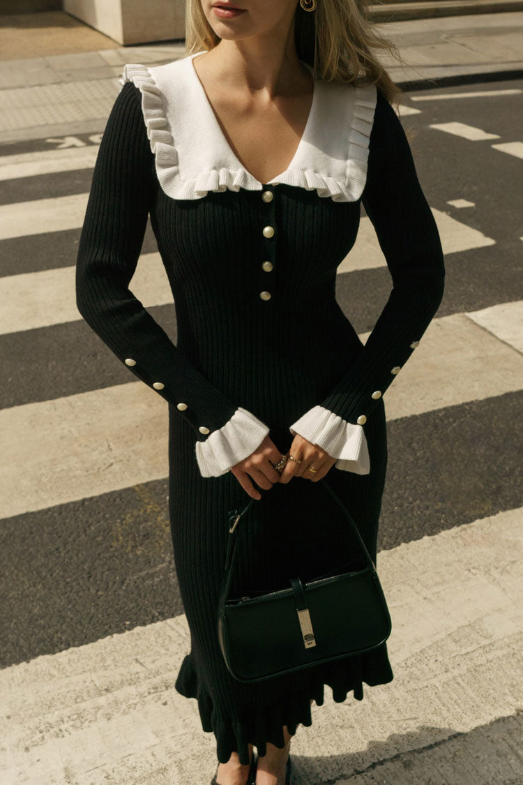 French Peter Pan Collar Half Button Ruffle Long Sleeve Sweater Midi Dress - Black  Fashionpara