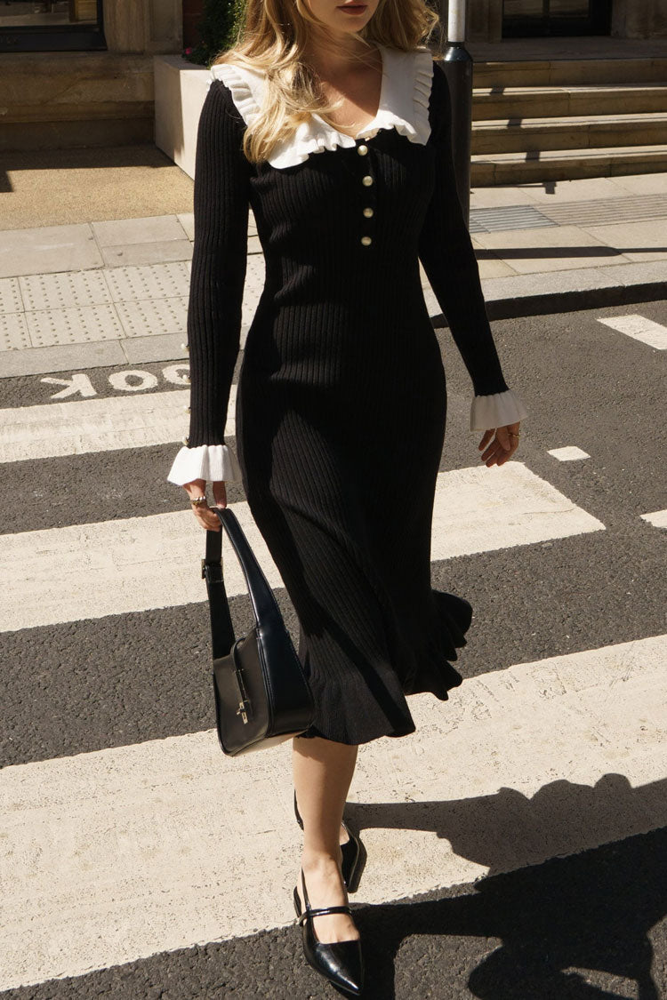 French Peter Pan Collar Half Button Ruffle Long Sleeve Sweater Midi Dress - Black  Fashionpara