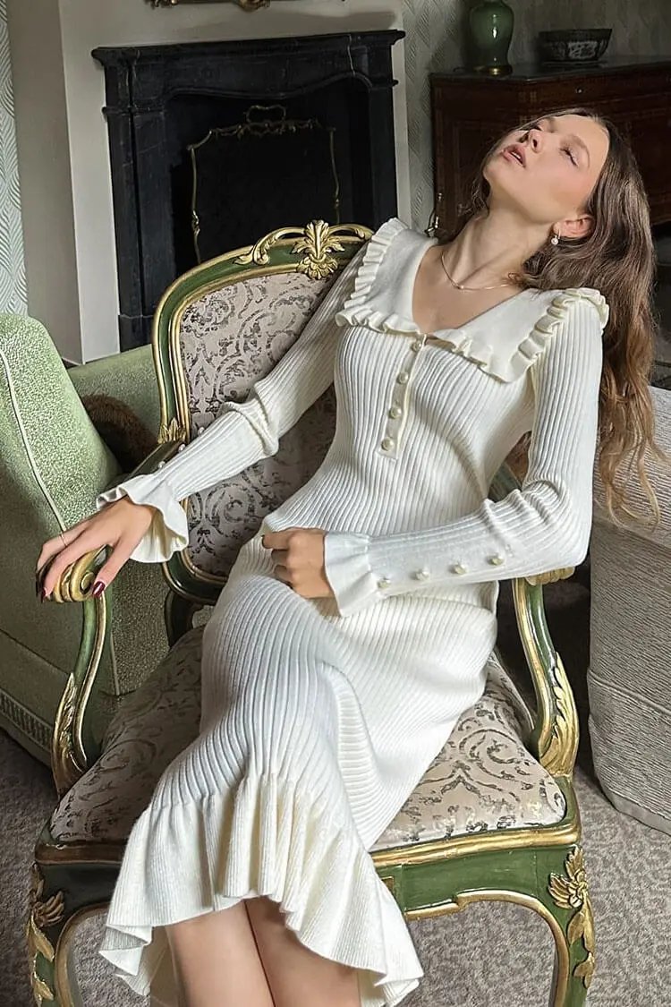 French Peter Pan Collar Half Button Ruffle Long Sleeve Sweater Midi Dress - Cream  Fashionpara