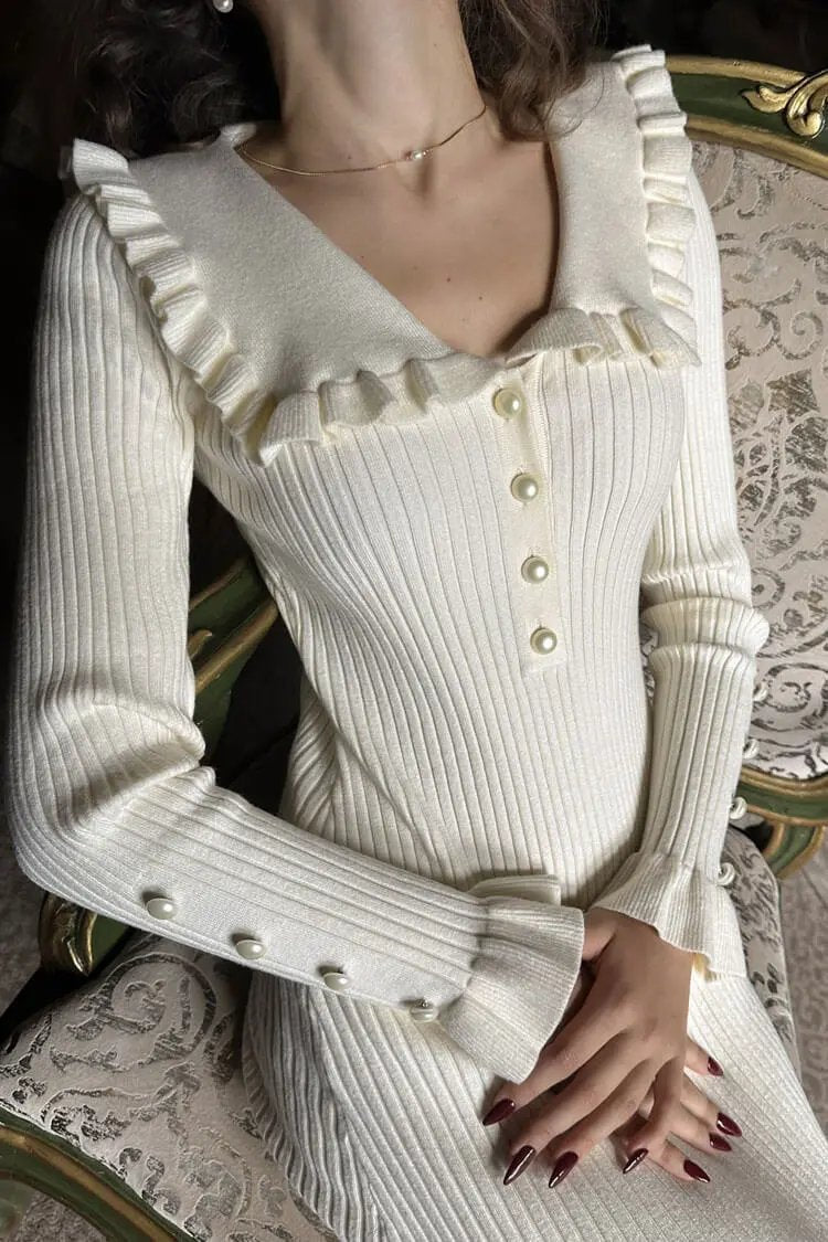 French Peter Pan Collar Half Button Ruffle Long Sleeve Sweater Midi Dress - Cream  Fashionpara