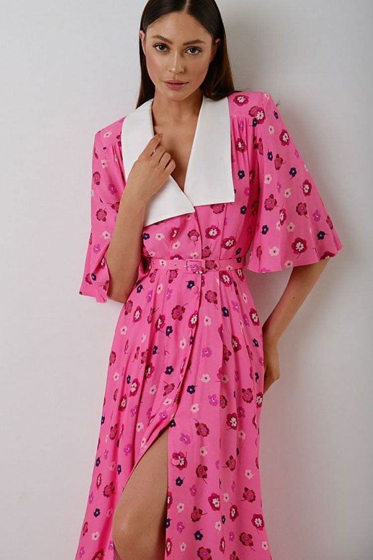 French Spread Collar Short Sleeve Button Down Floral Midi Dress - Pink  Fashionpara