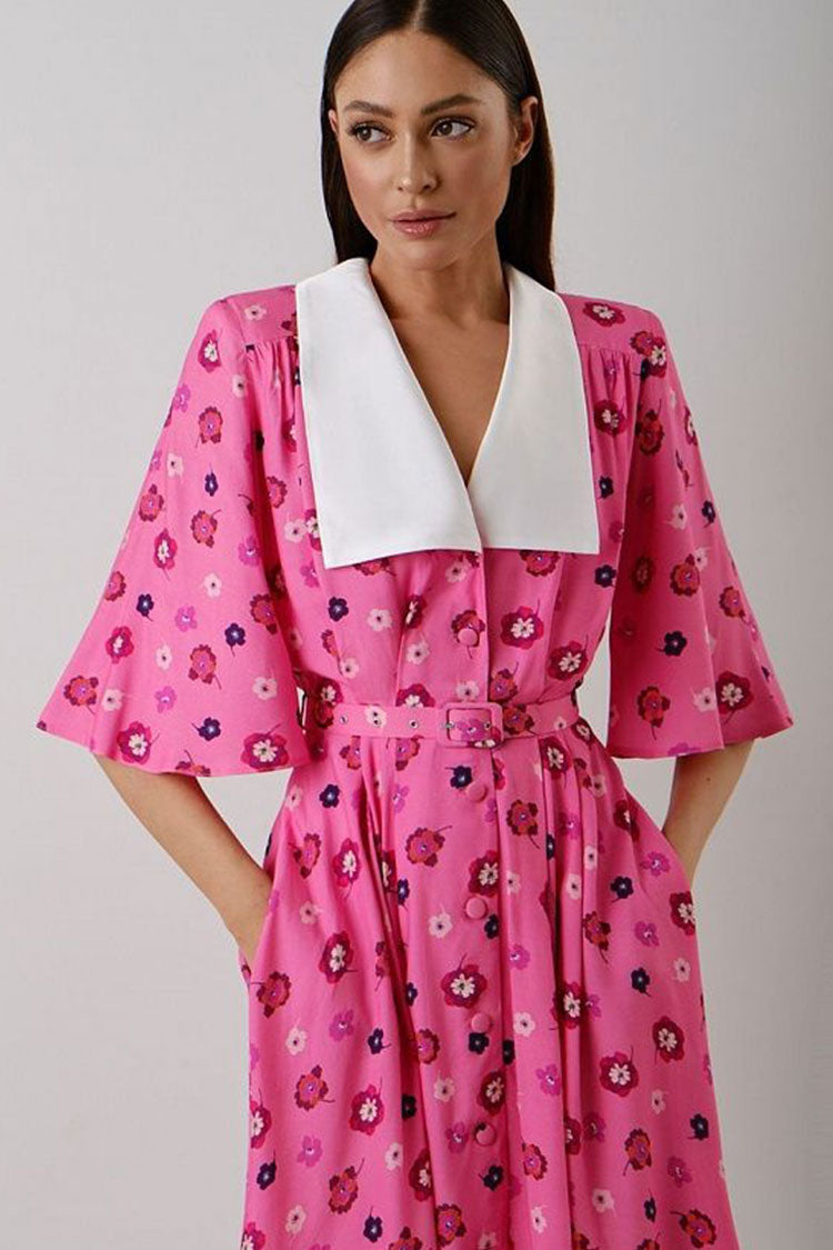 French Spread Collar Short Sleeve Button Down Floral Midi Dress - Pink  Fashionpara