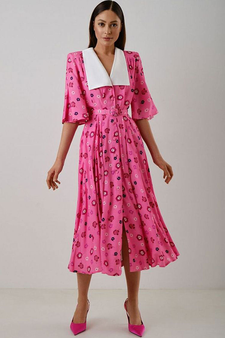 French Spread Collar Short Sleeve Button Down Floral Midi Dress - Pink  Fashionpara