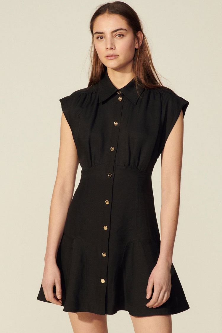 French Style Cap Sleeve Button Front Shirt Mini Dress - Black - Fashionpara