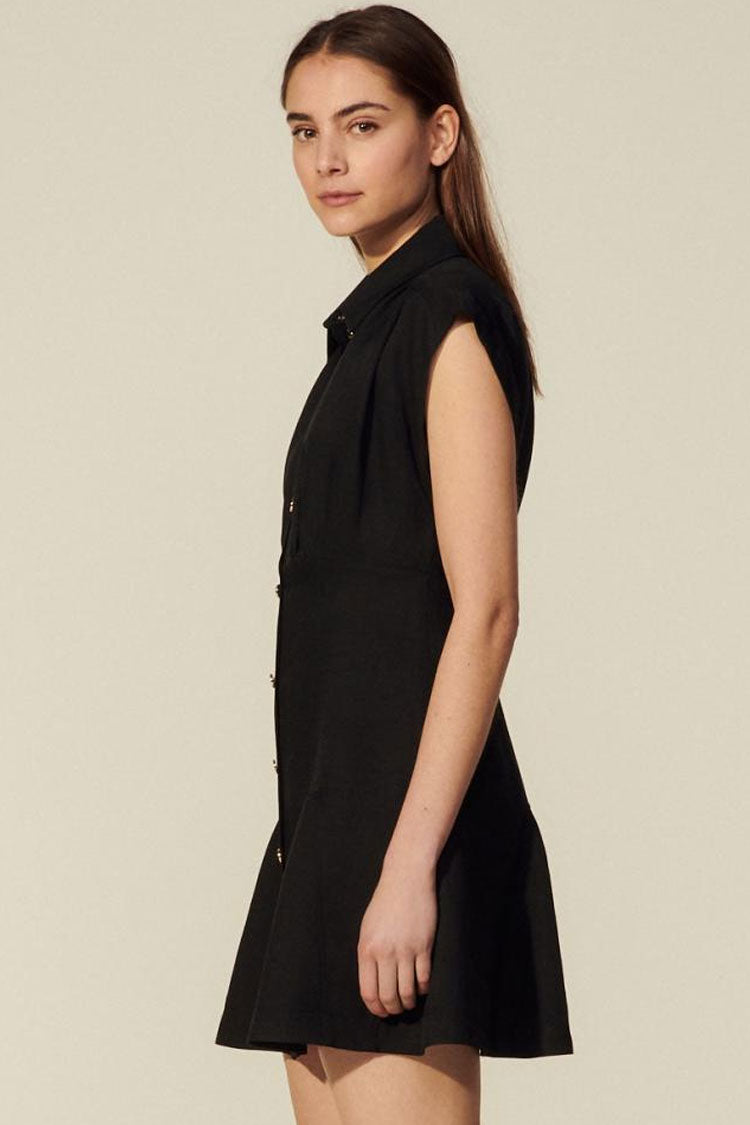 French Style Cap Sleeve Button Front Shirt Mini Dress - Black - Fashionpara