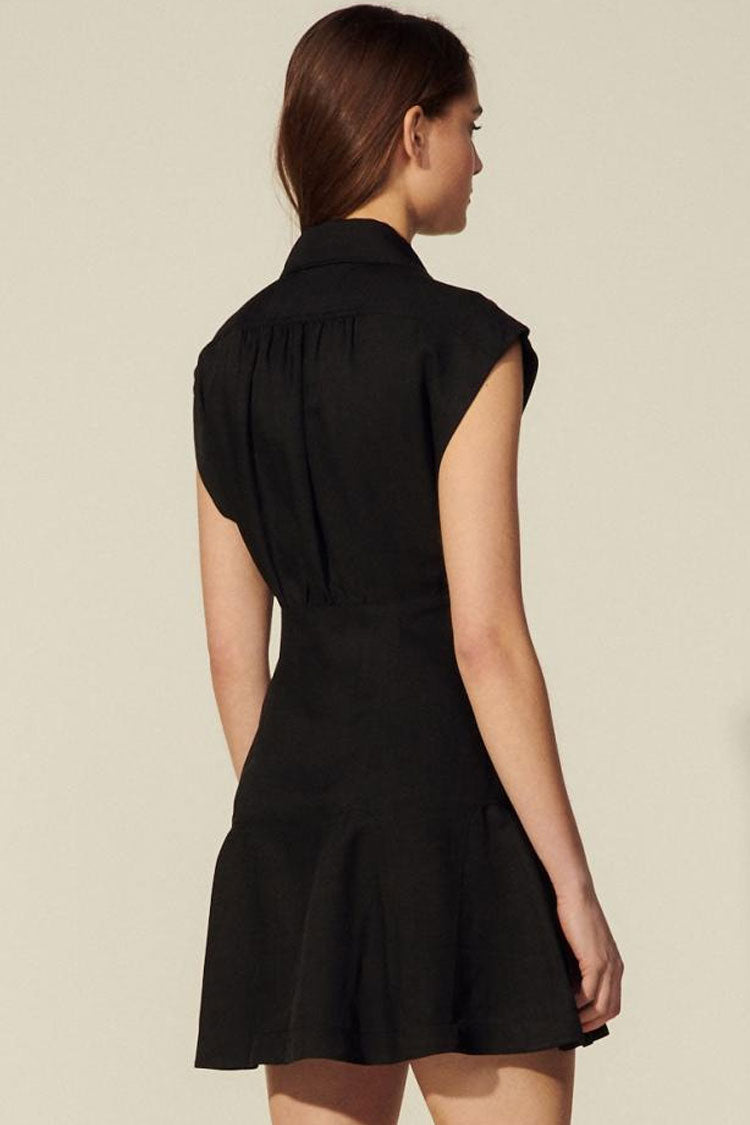 French Style Cap Sleeve Button Front Shirt Mini Dress - Black - Fashionpara