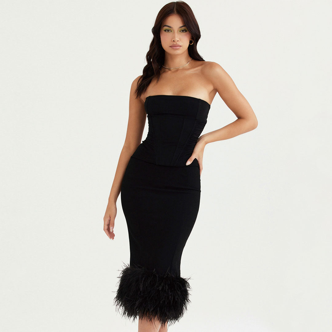 French Style Feather Cocktail Strapless Corset Midi Dress - Black
