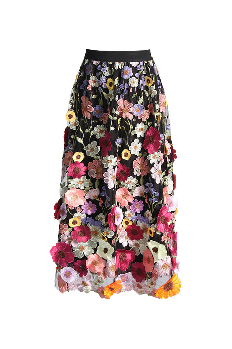 French Style High Waist Gathered A Line Embroidered Floral Tulle Midi Dress - Fashionpara