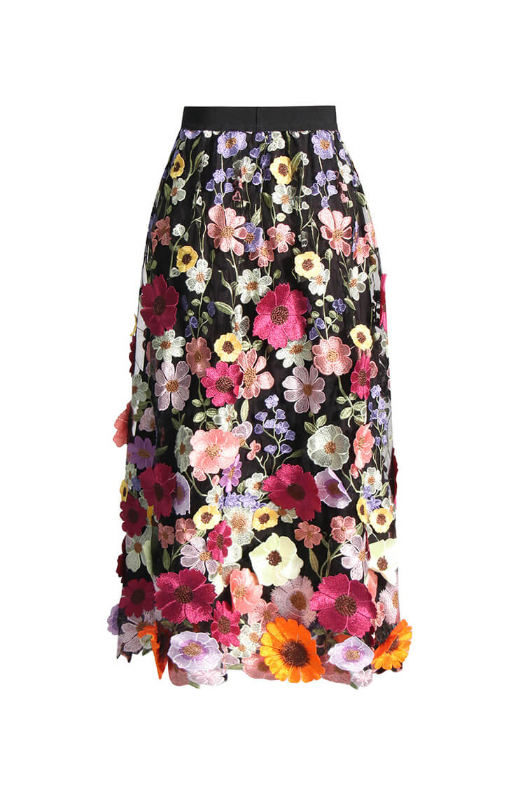 French Style High Waist Gathered A Line Embroidered Floral Tulle Midi Dress - Fashionpara