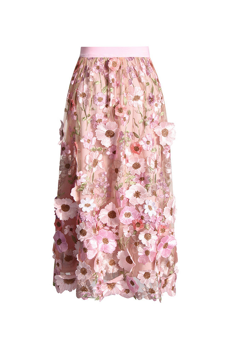 French Style High Waist Gathered A Line Embroidered Floral Tulle Midi Dress - Fashionpara