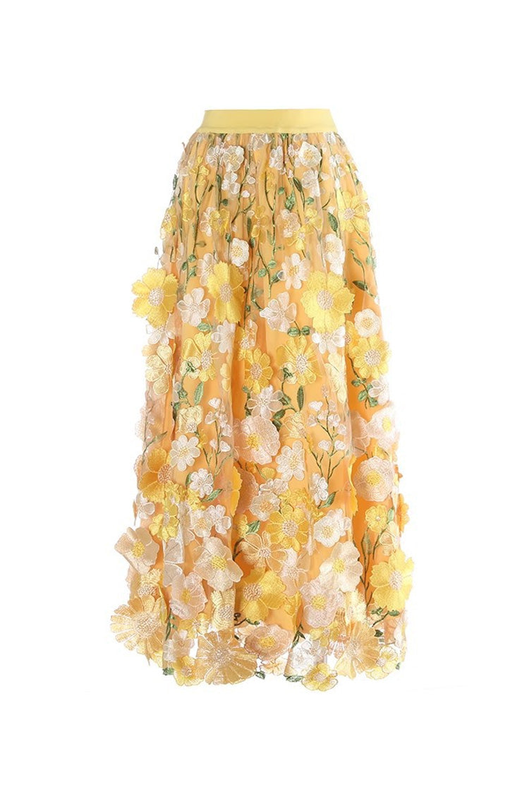 French Style High Waist Gathered A Line Embroidered Floral Tulle Midi Dress - Fashionpara