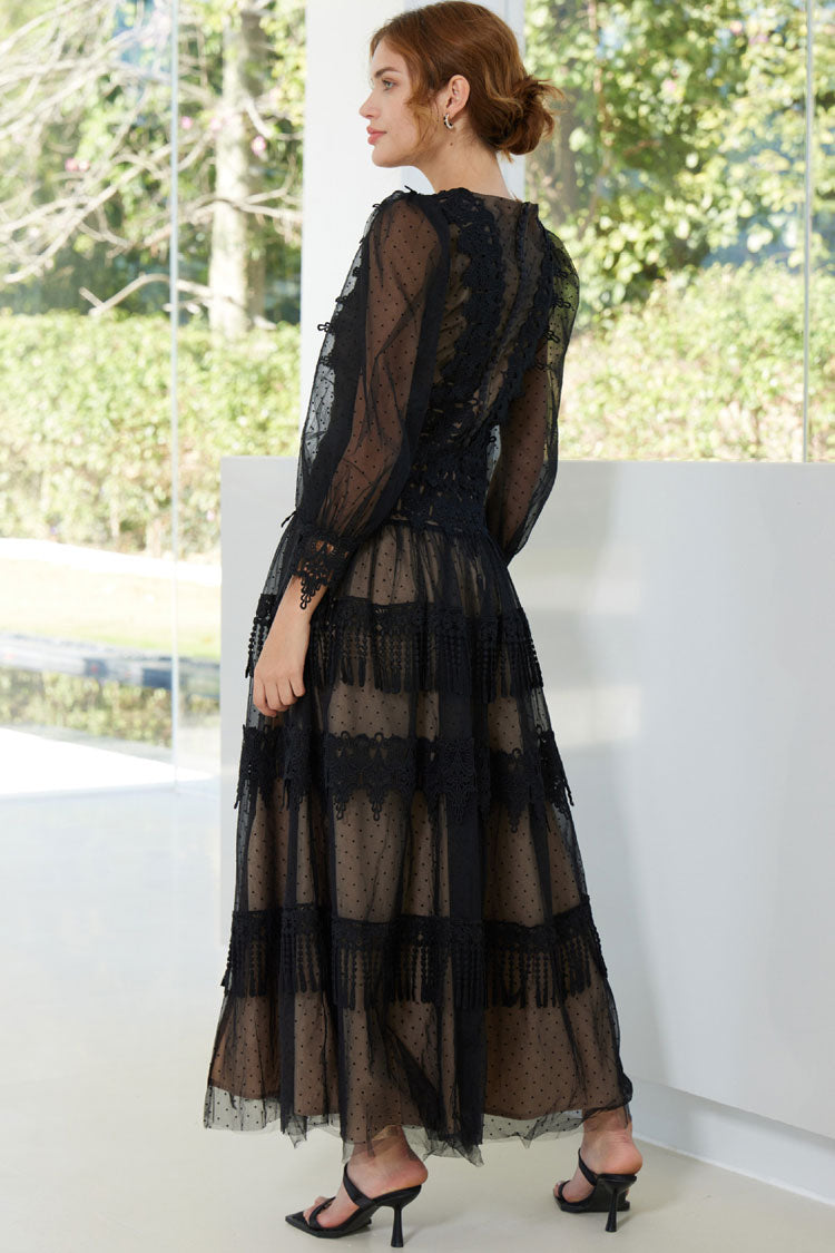 French Style Lace Neck Puff Sleeve Split Dotted Tulle Evening Maxi Dress - Black  Fashionpara