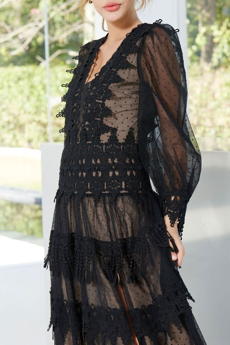 French Style Lace Neck Puff Sleeve Split Dotted Tulle Evening Maxi Dress - Black  Fashionpara