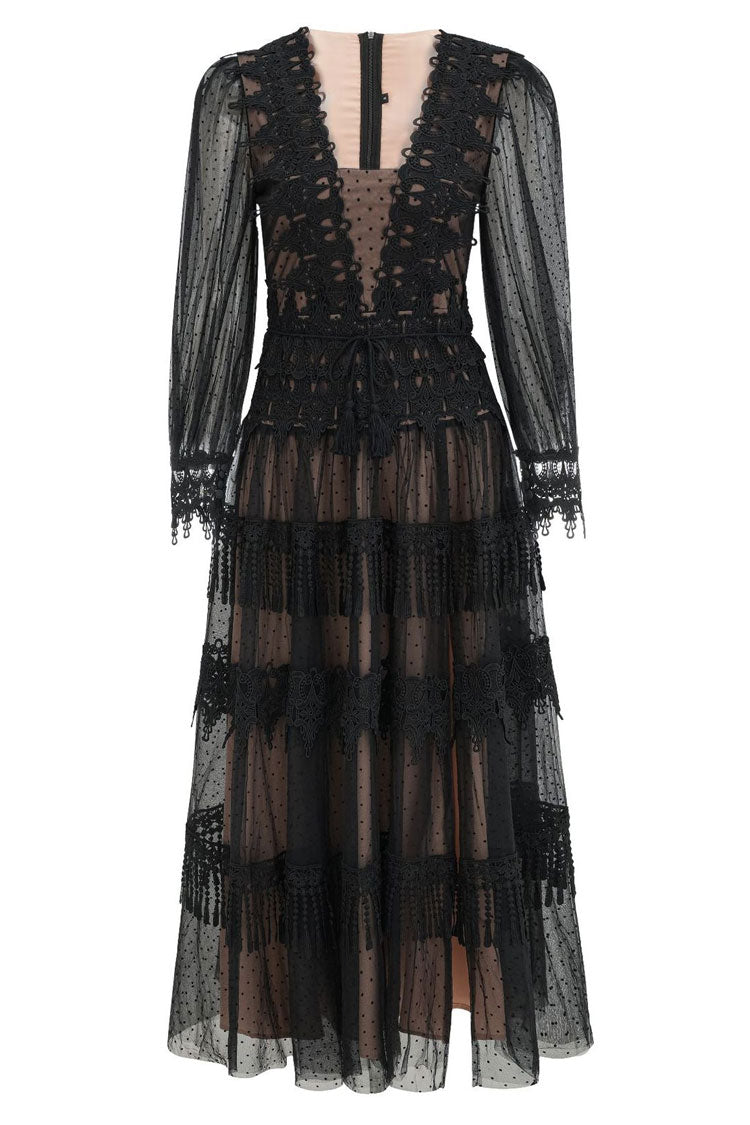French Style Lace Neck Puff Sleeve Split Dotted Tulle Evening Maxi Dress - Black  Fashionpara