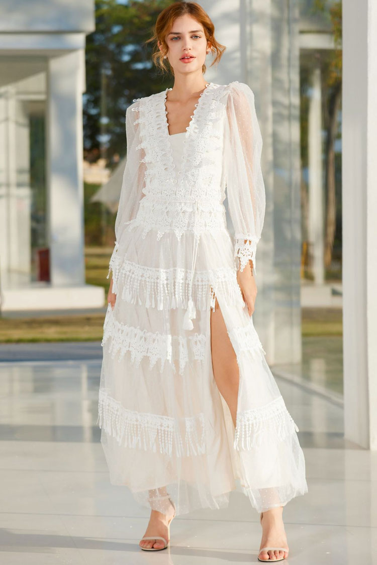 French Style Lace Neck Puff Sleeve Split Dotted Tulle Evening Maxi Dress - White  Fashionpara